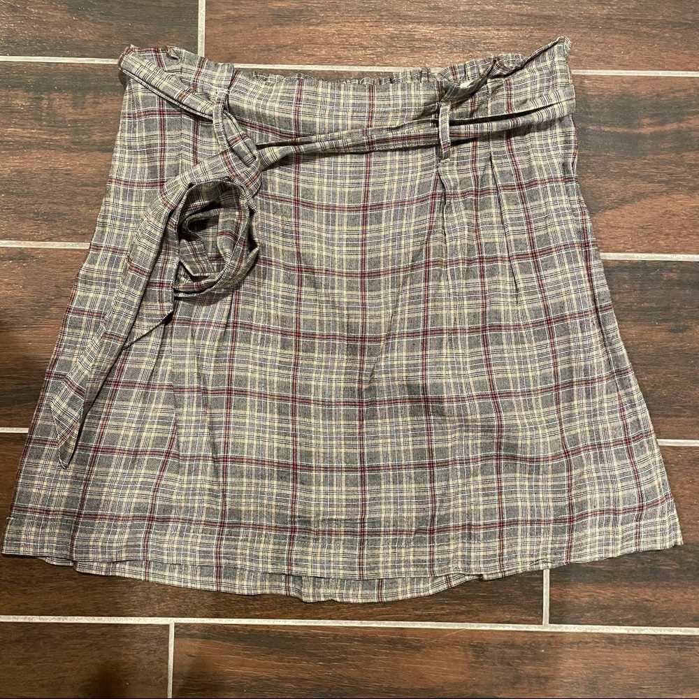 Red and gray plaid paper bag mini skirt